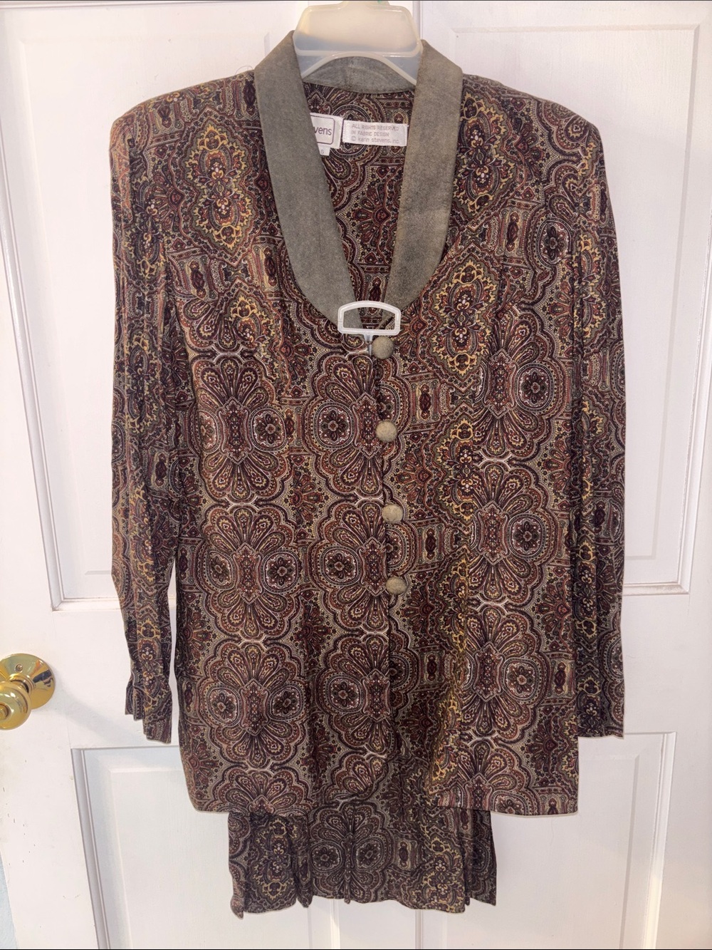 karin stevens Brown Multi Paisley Skirt Set with Gray Shawl Collar